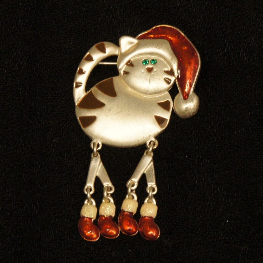 Christmas Cat Brooch Dangling Legs Pin Silver Tone Enamel Holiday Figural TC